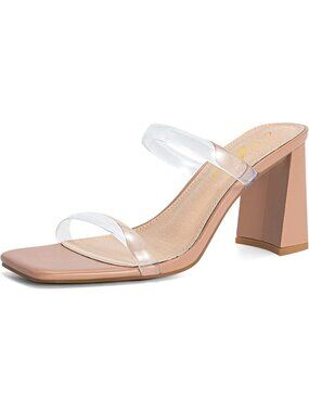 Women's Square Open Toe Sandals Two Strap Mules Slip On Block Chunky Heel Shoes